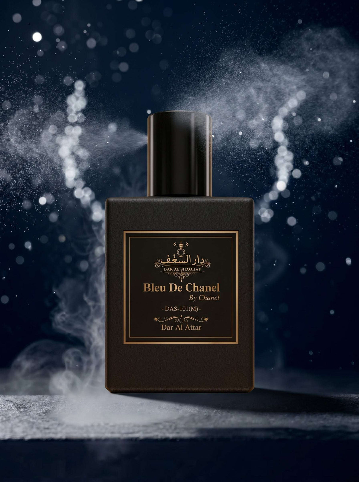 Bottle of Bleu De Chanel perfume with a dark background and smoke effect