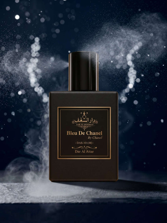 Bottle of Bleu De Chanel perfume with a dark background and smoke effect